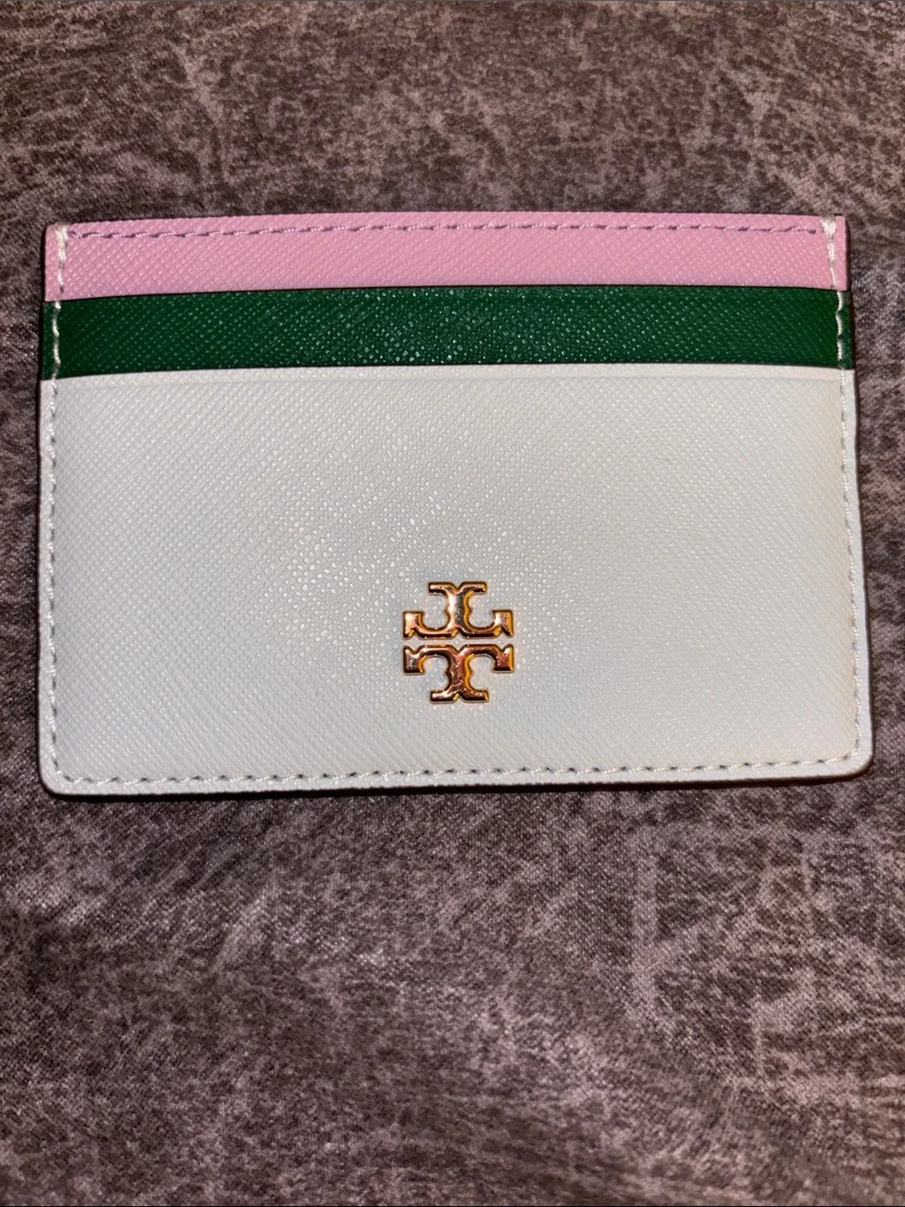 Tory Burch White, Pink & Green Leather Card Holder with Gold Logo